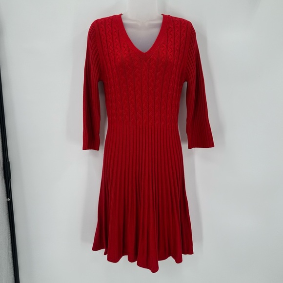 j howard Dresses & Skirts - J HOWARD Red Sweater Dress Womens L Ribbed Cable Knit  Fit & Flare 3/4 Sleeves